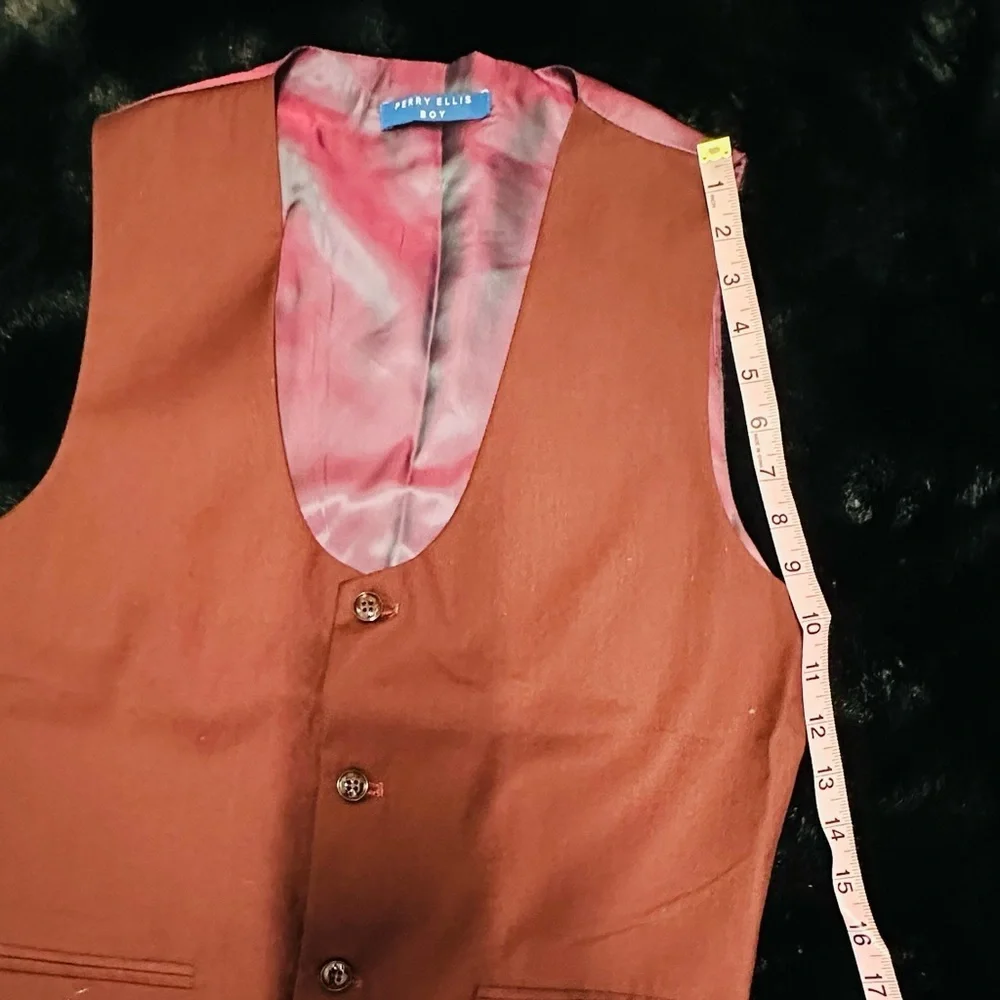 Perry Ellis Boys Burgundy 3-Piece Suit Size 20 Blazer Vest Pants Formal Wedding